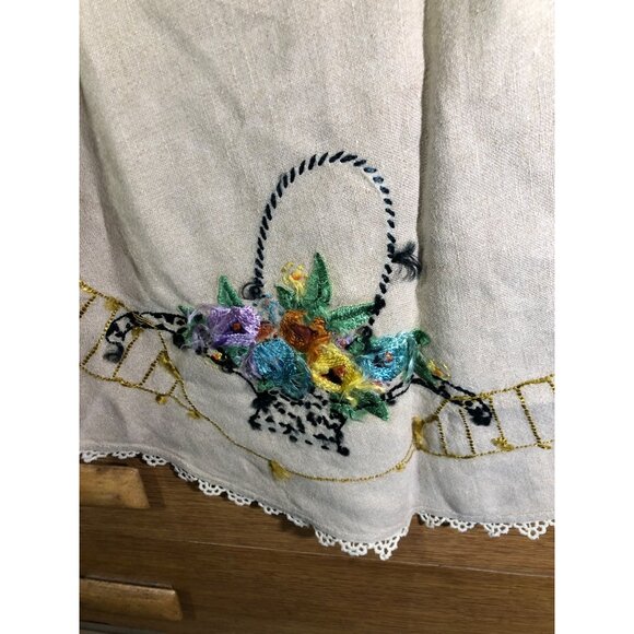 Vintage Table Center Piece Hand-Embroidered Linen Topper Floral Basket Lace Edge - Picture 14 of 14